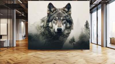 Portrait of adult wolf on forest and white background Wall mural