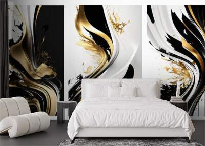 Set of abstract art posters, gold black and white texture, concept art, generative ai Wall mural