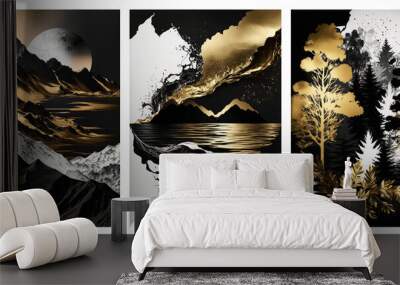 Set of abstract landscapes art posters, gold black and white texture, concept art, generative ai Wall mural