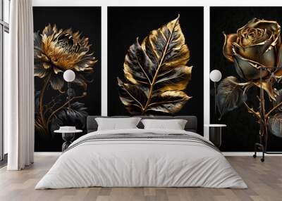 Set of golden floral art posters, gold rose concept art, generative ai Wall mural