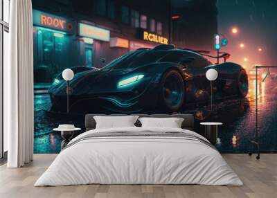 Supercar concept, sport car at rainy night in the city streets, motorsport ilustration, generative ai Wall mural