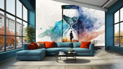 Watercolor hourglass meditation and mindfullnes lifestyle time and space concept art, spiritual awerness, mental soul health, self care, healthy habit, relief generative ai	 Wall mural