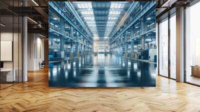 modern industrial factory interior. It’s spacious and well-lit, with natural light coming through the transparent sections of the roof. Wall mural