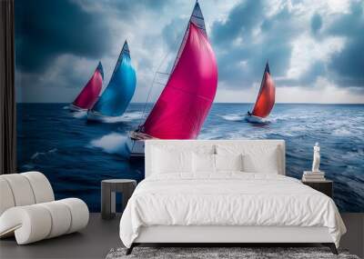 sports sailboats race across the open sea, their sleek, colorful sails cutting through the water as waves crash against the boats Wall mural