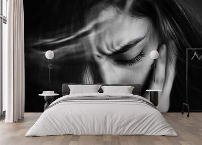 A young woman with her eyes closed, looking distressed. Wall mural