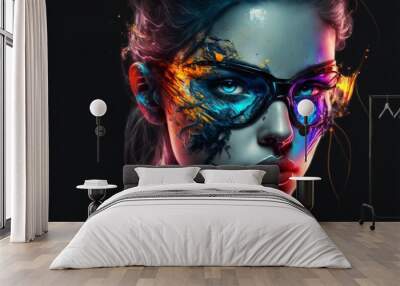 Beautiful Futuristic Woman with Blue Eyes staring deep inside our Soul. Fantasy Model of other science fiction dimension surreal mystical Female for Wallpaper or Poster. Ai generative illustration  Wall mural