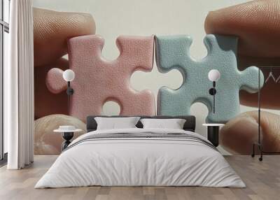 Two puzzle pieces, one pink and one blue, held by fingers. Wall mural