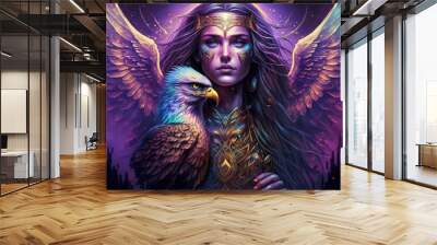 Spiritual Princess with Angel Wings and an Eagle - Purple Neon Style - Generative Ai Illustration  Wall mural