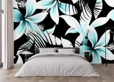 Tropical white frangipani hibiscus with black palms seamless pat Wall mural