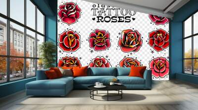 old school tattoo red roses set Wall mural