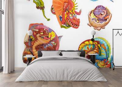 Dragons set on a white background Wall mural