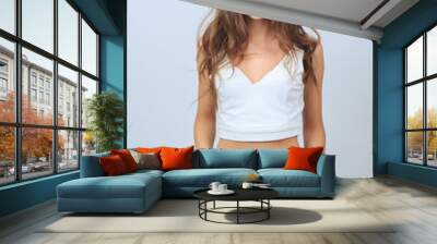 Fashion beautiful young woman model in blue jeans shorts with ma Wall mural