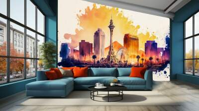 Watercolor Painting of Las Vegas Strip Skyline Sunset Wall Art Wallpaper of City  Wall mural