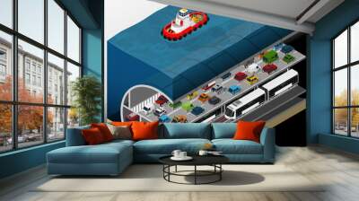 Vector isometric illustration of an element of urban infrastructure consisting of a subway tunnel and underground car tunnel. Wall mural