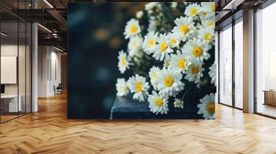 Blooming white daisies in a lush garden during spring season Wall mural