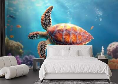 Colorful Sea Turtle Swimming in Vibrant Coral Reef Wall mural