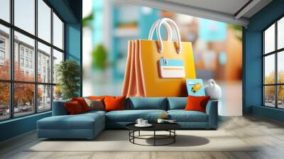 Colorful Shopping Bag with Credit Card and Accessories Wall mural