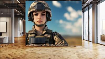 Confident Female Soldier in Military Gear Stands with Crossed Arms Wall mural