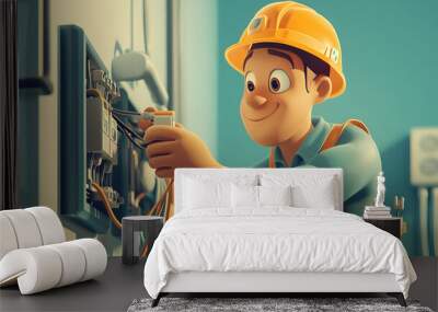 Construction Worker Repairing Electrical Panel with Tools on the Job Wall mural