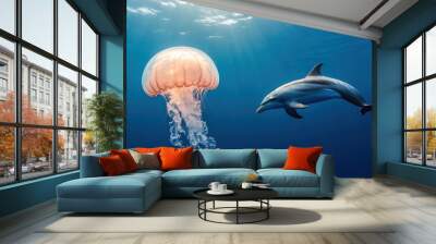 Dolphin Swimming Near Jellyfish in Clear Ocean Water Wall mural