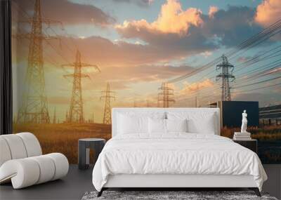 Electricity Transmission Towers in Scenic Sunset Landscape with Cloudy Sky Wall mural