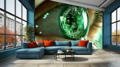 Eye with Digital Bitcoin Reflection in Green Color Wall mural