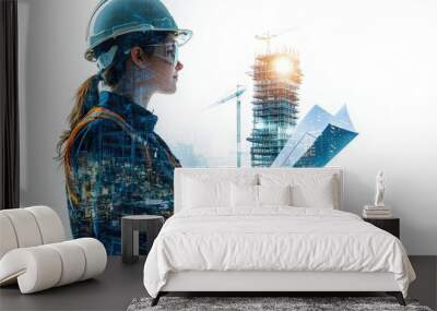 Female Construction Engineer Reviewing Building Plans on Construction Site Wall mural