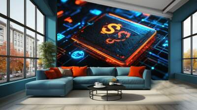 Futuristic Microchip and Circuit Board Glowing in the Dark Digital Technology Background Wall mural