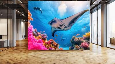 Graceful Manta Ray Swimming in Vibrant Coral Reef Wall mural