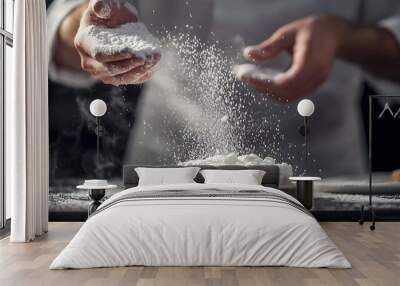 Hands of Professional Chef Preparing Homemade Pastry Dough for Baking in Rustic Kitchen Wall mural