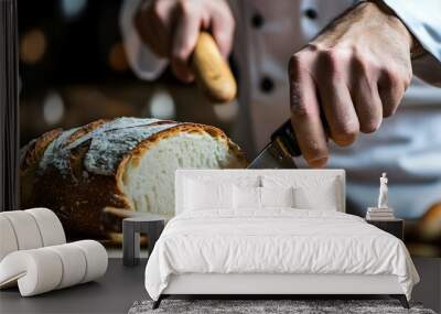 Hands Slicing Fresh Artisanal Bread in a Rustic Kitchen Setting Wall mural