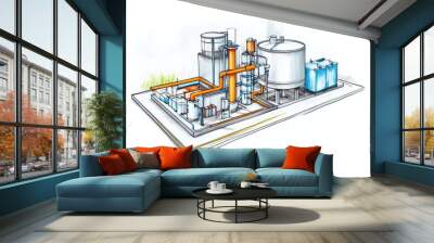 Industrial Plant Diagram with Pipes and Tanks Design Wall mural