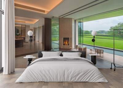 Modern Interior with Scenic View and Cozy Fireplace Wall mural