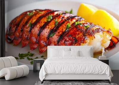 Mouthwatering Glazed Grilled Salmon Dish with Lemon and Parsley Garnish Wall mural