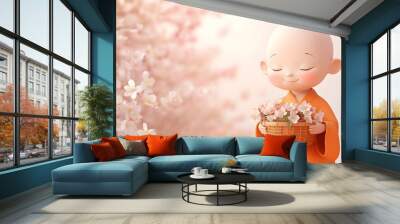 Peaceful Monk Meditating with Basket of Flowers in Blossoming Spring Garden Wall mural