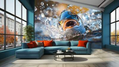 Powerful Underwater Fish Splash in Vibrant Aquatic Ecosystem Wall mural