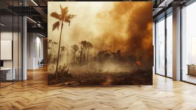 Raging Wildfire Consuming Tropical Rainforest in Apocalyptic Orange Haze Wall mural