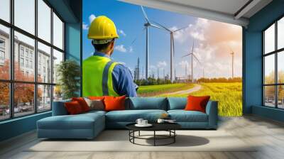 Renewable Energy Worker at Wind Farm on Sunny Day Wall mural