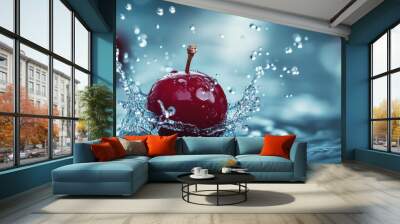 Ripe Red Apple Making a Splash in Clear Water Wall mural