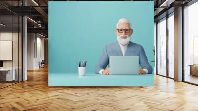 Senior Company Manager Smiling as He Uses Computer at His Desk in Office Wall mural