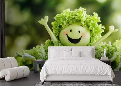 Smiling Lettuce Head in Green Vegetable Garden Wall mural