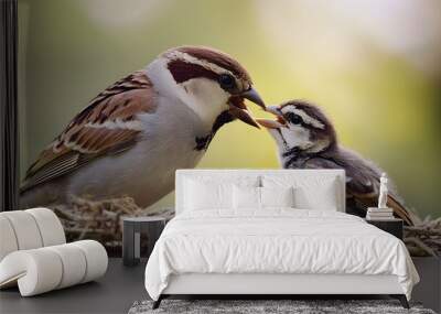 Sparrow Mother Feeding Nestlings in Cozy Nest Wall mural