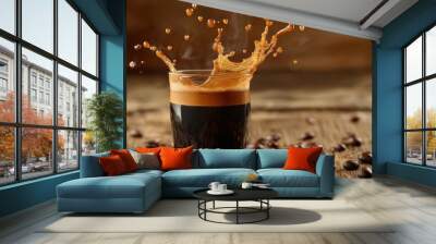 Splashing Espresso Shot with Foamy Cream on Wooden Table in Coffee Shop Wall mural