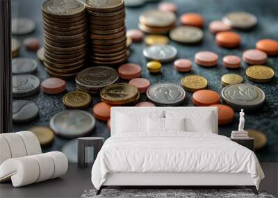 Stacks of coins diverse currency scattered on the table representing financial wealth and investment Wall mural