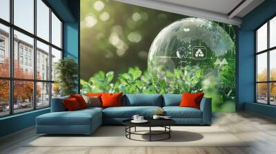 Transparent Glass Globe Surrounded by Lush Green Foliage Symbolizing Sustainable Environment Wall mural