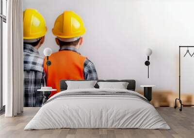 Two construction workers in hard hats discussing plans on job site Wall mural