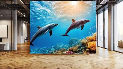 Two Dolphins Swimming in Vibrant Coral Reef Wall mural