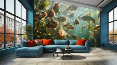 Underwater Scene with Schooling Freshwater Fish Wall mural