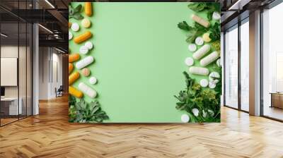 Vibrant Assortment of Fresh Organic Vegetables on Green Backdrop Wall mural