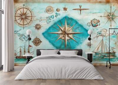 Vintage Nautical Map with Compass and Sailboat Design Wall mural